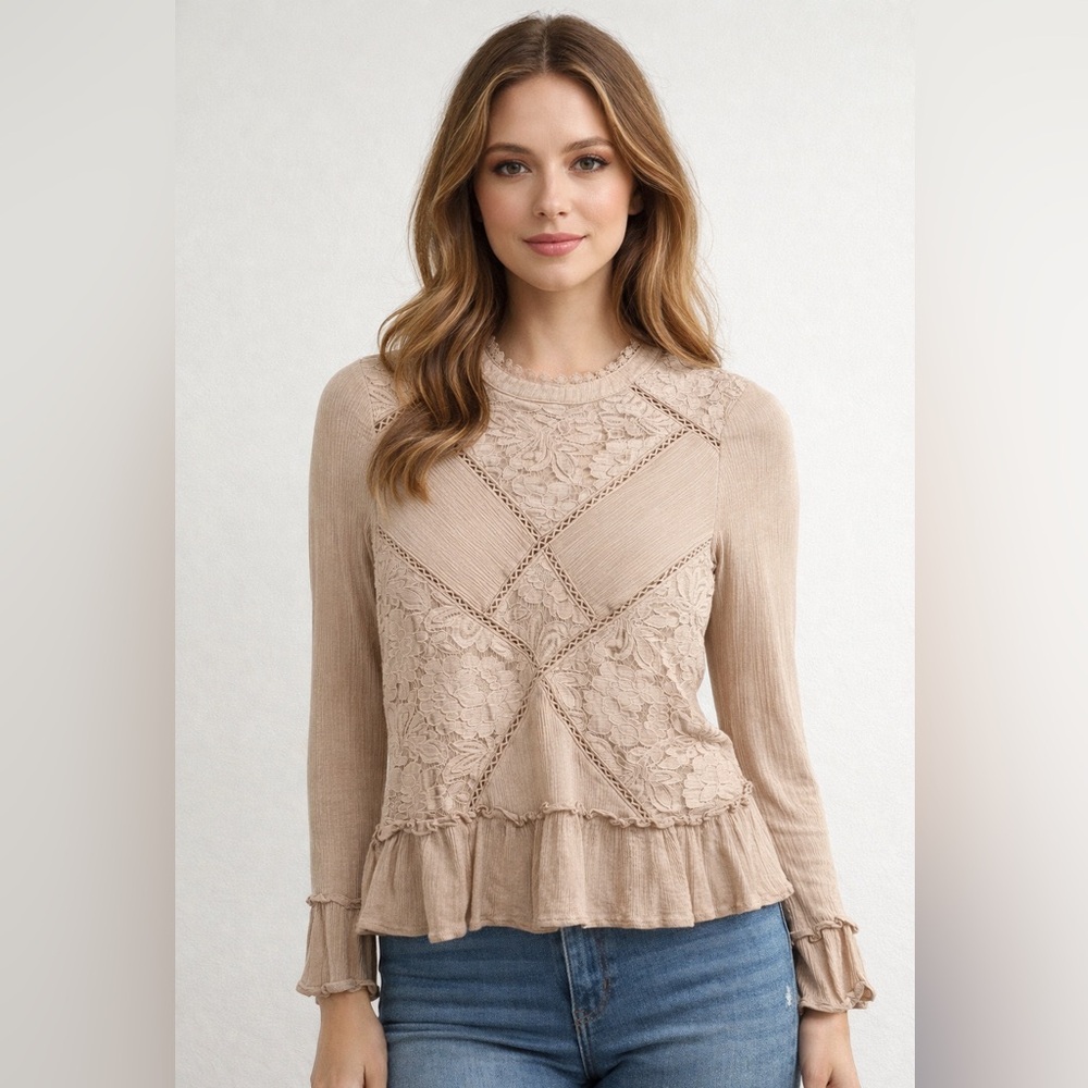 Altar'd State Beige Lace-Paneled Ruffle Hem Long Sleeve Top